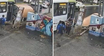 Três pessoas ficam feridas após ônibus bater em ponto e derrubar estrutura, em Goiânia